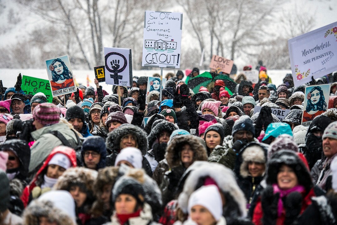 (Chris Detrick  |  The Salt Lake Tribune)  People gather during the Respect Rally Park City at City Park on Saturday, Jan. 20, 2018.