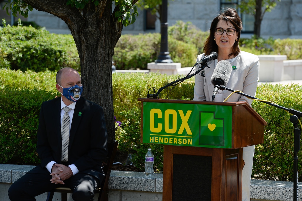 (Francisco Kjolseth | The Salt Lake Tribune) Sen. Deidre Henderson, R-Spanish Fork, makes a few remarks alongside Lt. Gov Spencer Cox, as they hold a press conference at the Utah Capitol on Tuesday, July 7, 2020, following their win in the Republican primary race for Utah governor over former Utah Gov. Jon Huntsman.