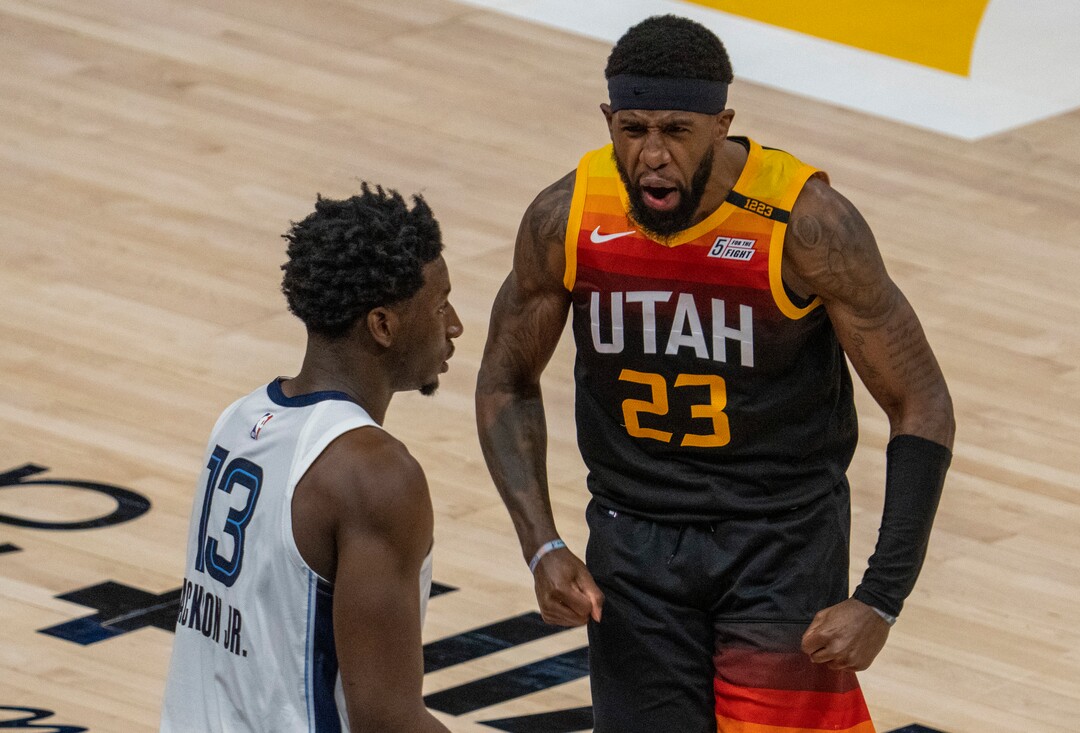 (Rick Egan | The Salt Lake Tribune) Utah Jazz forward Royce O'Neale (23) looks toward Memphis Grizzlies forward Jaren Jackson Jr. (13), as he reacts after hitting a 3-point shot, extending the Jazz lead in the last minute of play, as the Jazz defeated the Memphis Grizzlies 141-129, in game 2 of the NBA Playoffs at Vivint Arena, on Wednesday, May 26, 2021.