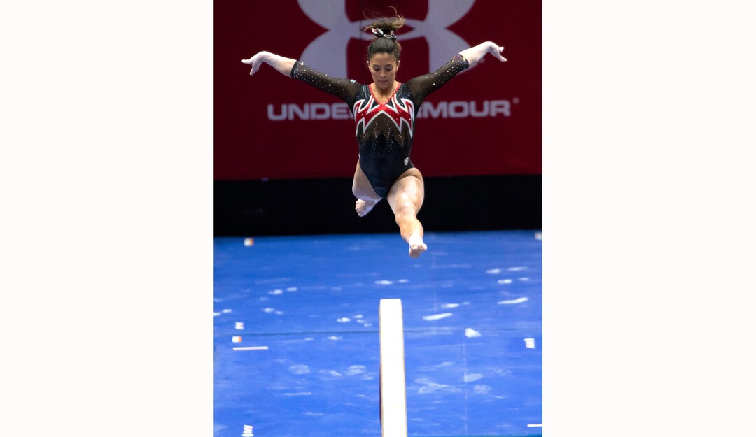 (Rick Egan | The Salt Lake Tribune)  Alexia Burch competes on the Beam, in PAC-12 gymnastics action between The University of Washington and The University of Utah at Jon M. Huntsman Center in Salt Lake City, on Saturday, Jan. 30, 2021.