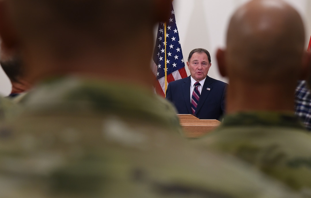 (Francisco Kjolseth  |  The Salt Lake Tribune)  Gov. Gary R. Herbert address the media and soldiers on Sunday, Nov. 4, 2018, in Draper, UT, regarding the recent death of North Ogden Mayor Brent Taylor a major in the Utah National Guard, killed in Afghanistan in an apparent insider attack.