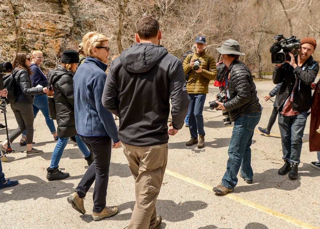 Leah Hogsten  |  The Salt Lake Tribune  Massachusetts Sen. Elizabeth Warren takes a walking tour with Carl Fisher, executive director of Utah’s Save Our Canyons organizationat Storm Mountain Picnic Area in Big Cottonwood Canyon,  April 17, 2019 before speaking to Utah supporters Wednesday evening. Sen. Warren is a Democratic 2020 presidential candidate.   