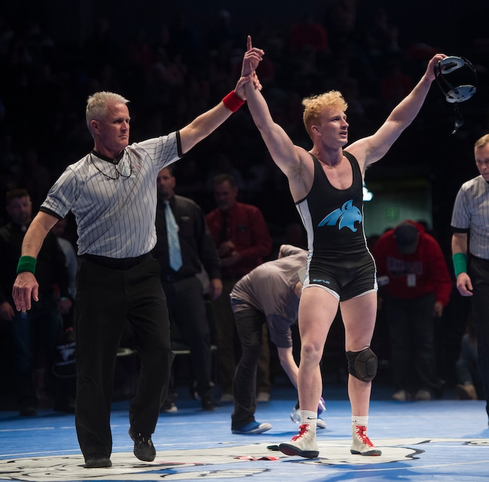 (Rick Egan  |  The Salt Lake Tribune)   Ryan Hansen (Sky View) defeats Brady Lowry (Canyon View) (Dec 8-5) in the 145 weight class, in the 4A State Wrestling at UVU in Orem, Saturday, February 10, 2018.