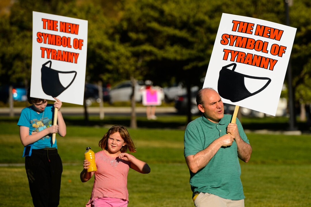 (Trent Nelson  |  The Salt Lake Tribune) A rally protesting government mask mandates at the State Capitol in Salt Lake City on Saturday, Sept. 5, 2020.
