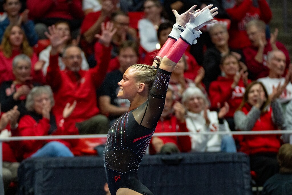 (Rick Egan | The Salt Lake Tribune)  Avery Neff performs on the Bars, during Big12 Gymnastics meet against Iowa State, at the Jon M. Huntsman Center, on Friday, Jan 17, 2025.  . 