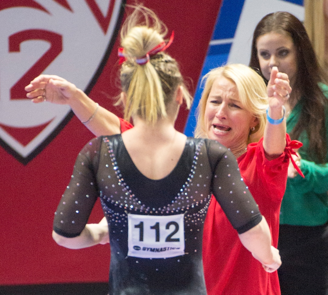Rick Egan  |  The Salt Lake TribuneUtah head coach Megan Marsden congratulates Maddy Stover after her balance beam routine, in the NCAA Regional Championships, at the Huntsman Center, Saturday, April 2, 2016.