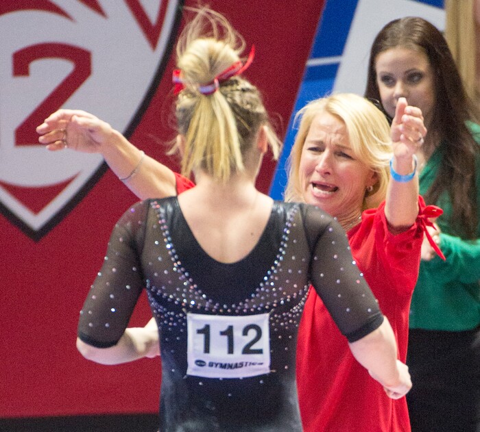 Rick Egan  |  The Salt Lake TribuneUtah head coach Megan Marsden congratulates Maddy Stover after her balance beam routine, in the NCAA Regional Championships, at the Huntsman Center, Saturday, April 2, 2016.