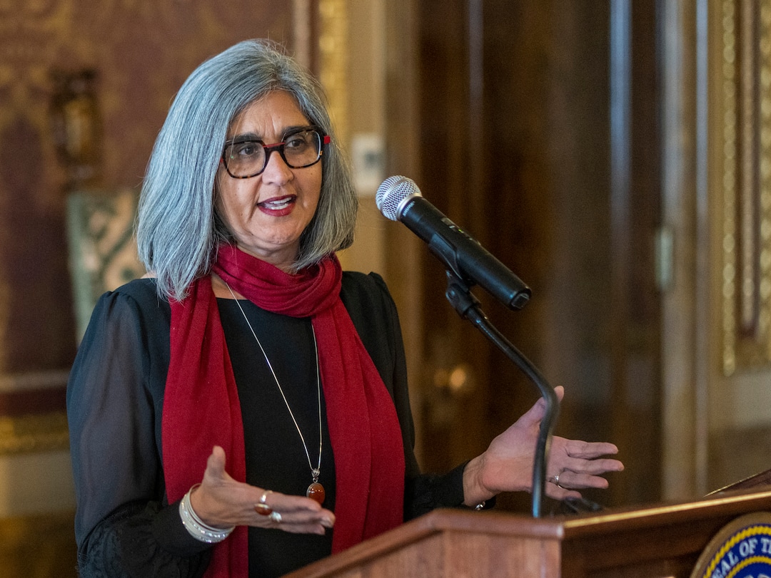 (Rick Egan | The Salt Lake Tribune) Asha Parekh speaks in the Gold Room at the State Capitol during a news conference for "Afghan Day on the Hill" on Wednesday, Feb. 23, 2022.