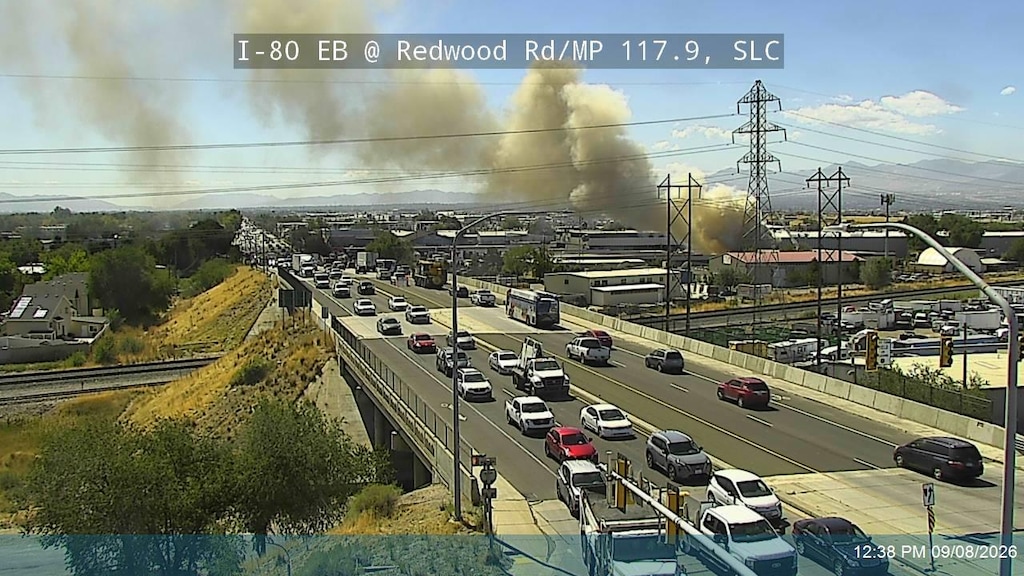(Utah Department of Transportation) A traffic camera shows a fire at a commercial site near Redwood Road in Salt Lake City, Tuesday, Sept. 8, 2026.