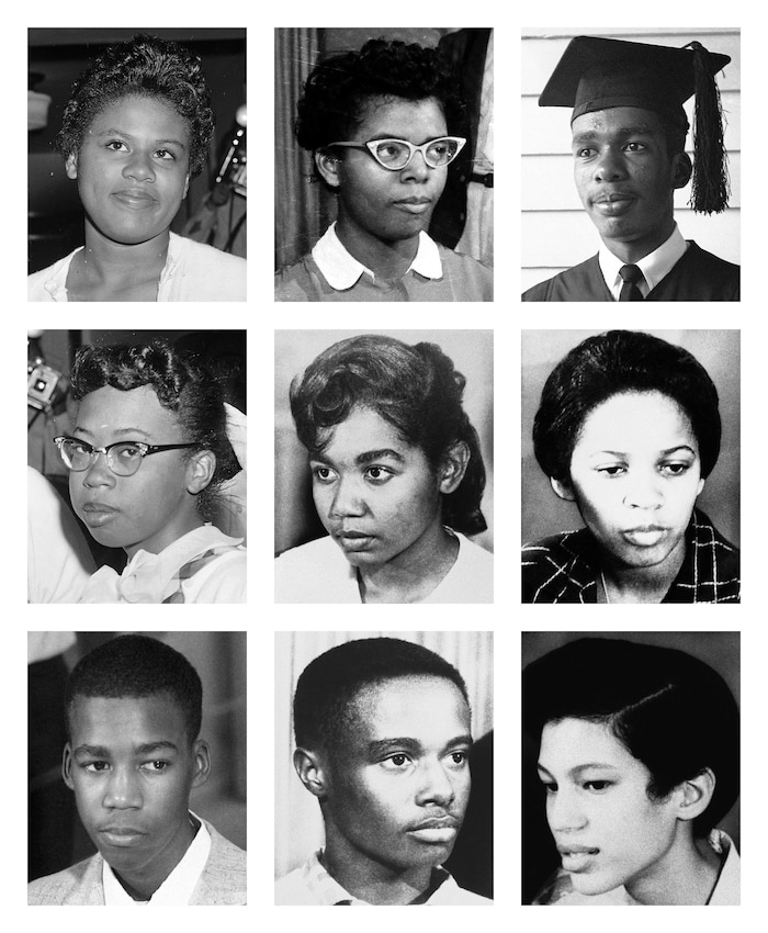This combination of file photos shows the nine black teenagers who had to be escorted by federal troops past an angry white mob and through the doors of Central High School in Little Rock, Arkansas, on Sept. 25, 1957. Top row from left are Minnie Brown, Elizabeth Eckford and Ernest Green; middle row, Thelma Mothershed, Melba Pattillo and Gloria Ray; bottom row, Terrence Roberts, Jefferson Thomas and Carlotta Walls. (AP Photos/File)