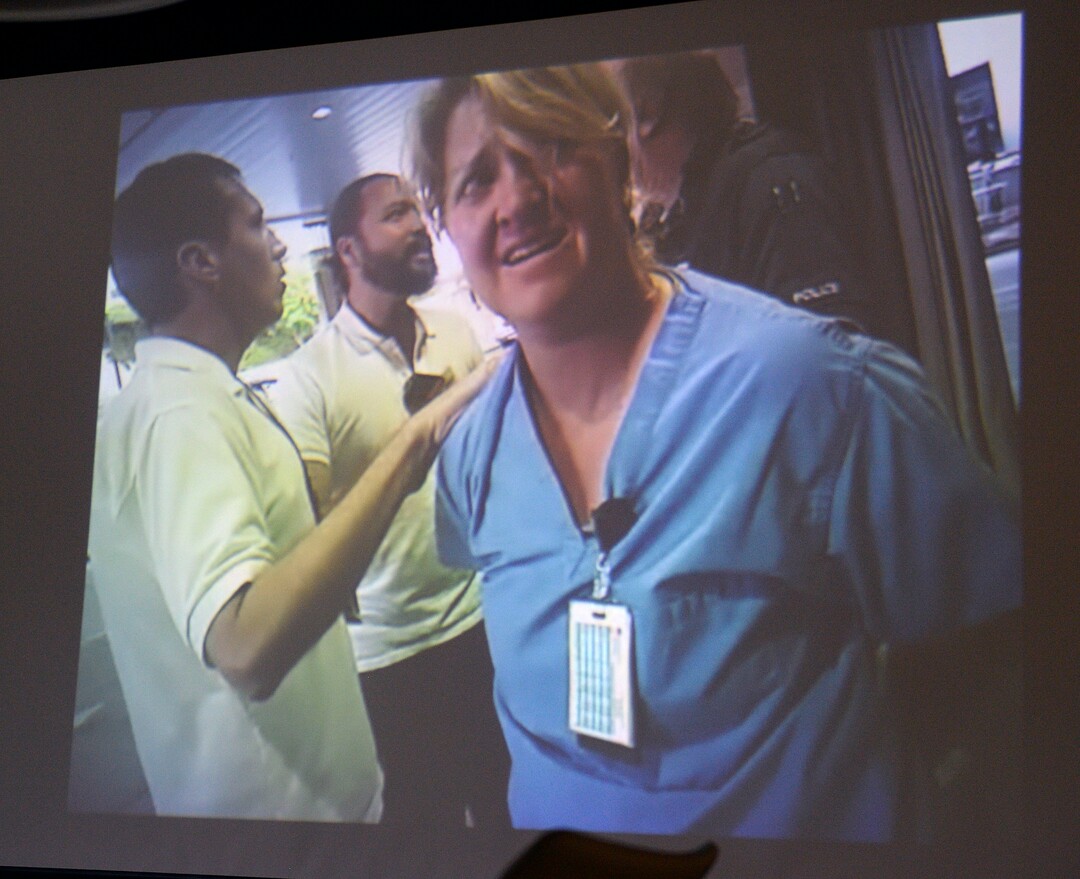 (Al Hartmann  |  The Salt Lake Tribune)                                                                                                                                      Still photo taken from previously undisclosed video of a Salt Lake City police officer assaulting and arresting University of Utah Hospital on-duty nurse Alex Wubbels for following her hospital’s policy on blood draws from an unconscious victim.   