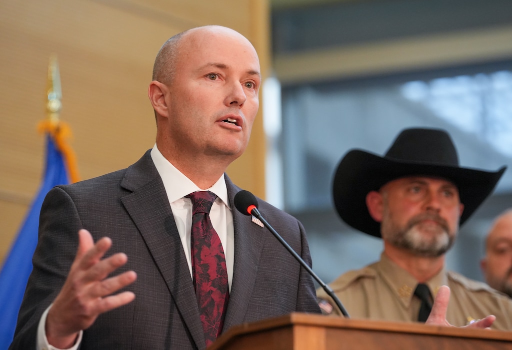(Chris Samuels | The Salt Lake Tribune) Gov. Spencer Cox makes remarks during a news conference on Sept. 12, announcing an arrest of a suspect in the shooting death of Charlie Kirk.