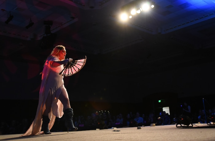 (Francisco Kjolseth  |  The Salt Lake Tribune)  Ross Graham Wood who goes by Lizzie McQueen when he is on stage as a drag queen, takes to the stage in a full house as Utah State University hosts its first ever drag show.