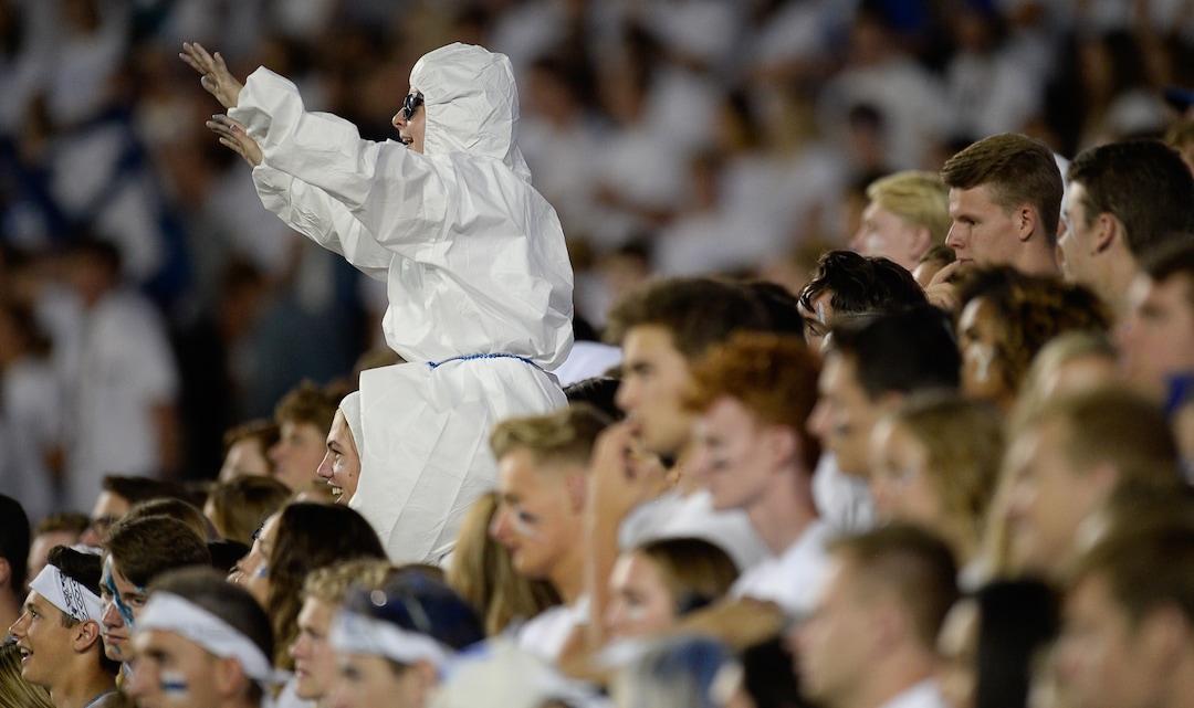 (Francisco Kjolseth  |  The Salt Lake Tribune)  BYU fans cheer on their team as they battle California during the second half of the NCAA college football game, Saturday, Sept. 8, 2018, at LaVell Edwards stadium in Provo, Utah.