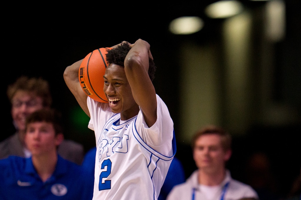 (Trent Nelson | The Salt Lake Tribune) Brigham Young Cougars guard Jaxson Robinson (2) as BYU hosts Baylor, NCAA basketball in Provo on Tuesday, Feb. 20, 2024.