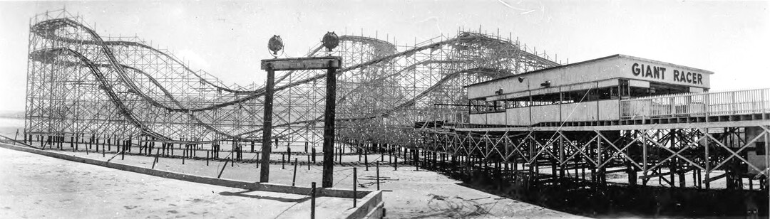 (Utah State Historical Society) Saltair II midway and Giant Racer roller coaster, once famed as the world's tallest coaster. On Aug. 30, 1957 the roller coaster collapsed during a windstorm with 75 mph winds. Saltair shut down all operations a year later in 1958. 