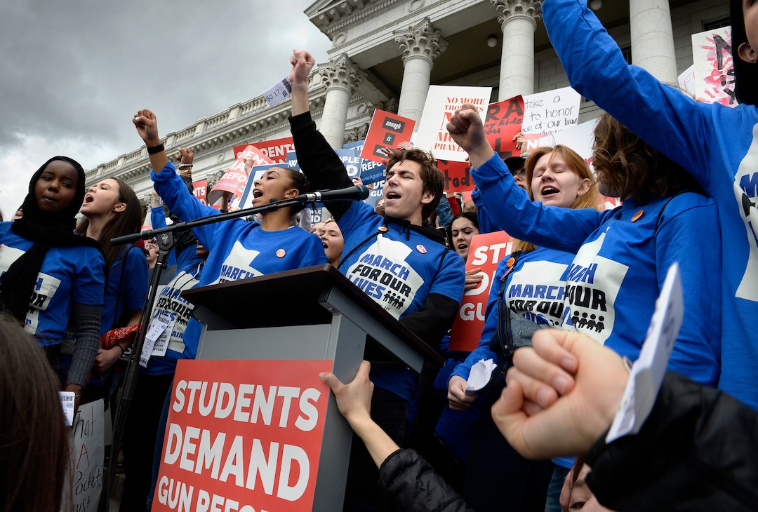 Scott Sommerdorf | The Salt Lake TribuneStudents chant on the steps of the State Capitol near the end of their rally for thousands on the south lawn after they marched from West High School, Saturday, March 24, 2018.