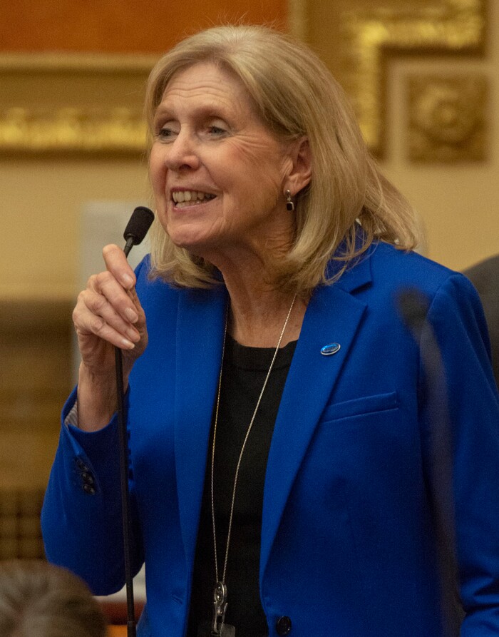 (Rick Egan  |  The Salt Lake Tribune)  Rep. Marie Poulson comments on a bill, late in the evening, on the final day of the 2019 legislature, Thursday, March 14, 2019. 

