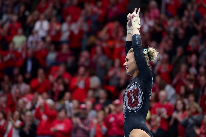 (Leah Hogsten  |  The Salt Lake Tribune) Outgoing senior Tiffani Lewis as the No. 4 Utah gymnasts host No. 20 Georgia in the final regular season meet at Jon M Huntsman Center in Salt Lake City Friday, March 16, 2018. 