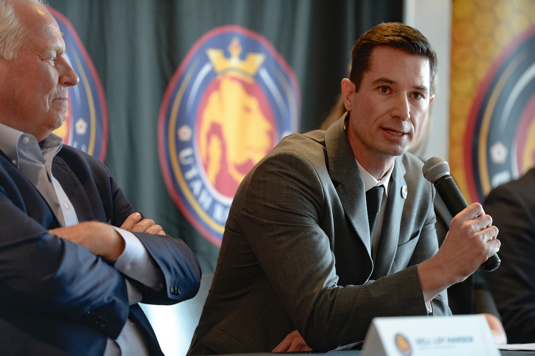 (Francisco Kjolseth  |  The Salt Lake Tribune) Owner of the Utah Royals FC, Dell Loy Hansen, left, is joined by his new coach, Craig Harrington, former Chicago Red Stars assistant as he answers questions from the media during a press event at Rio Tinto Stadium in Sandy, Utah on Friday, Feb. 7, 2020.