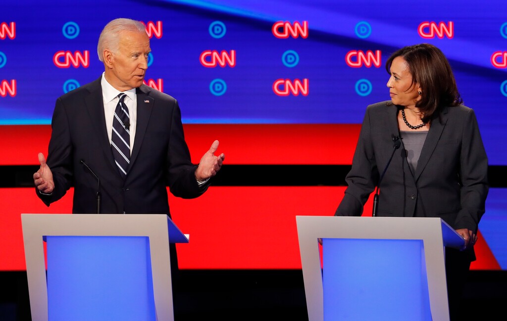 (Paul Sancya | AP Photo)

In this July 31, 2019, photo, former Vice President Joe Biden speaks as Sen. Kamala Harris, D-Calif., listens during the second of two Democratic presidential primary debates hosted by CNN in the Fox Theatre in Detroit.