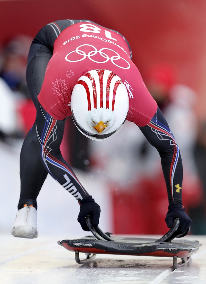 Katie Uhlaender of United States starts a women's skeleton training run at the 2018 Winter Olympics in Pyeongchang, South Korea, Tuesday, Feb. 13, 2018. (AP Photo/Michael Sohn)