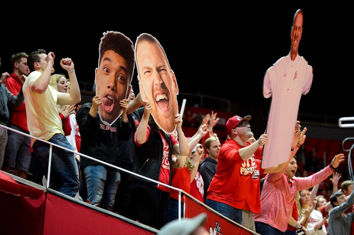(Steve Griffin  |  The Salt Lake Tribune) The University of Utah student section gets fired up as the Utes take the lead in the fourth quarter of their NIT basketball game against UC Davis at the Huntsman Center in Salt Lake City Wednesday March 14, 2018.