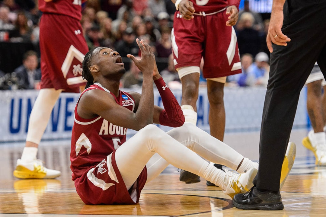 (Trent Nelson | The Salt Lake Tribune)  New Mexico State Aggies guard Clayton Henry (5) looks for a call as Auburn faces New Mexico State in the 2019 NCAA Tournament in Salt Lake City on Thursday March 21, 2019.