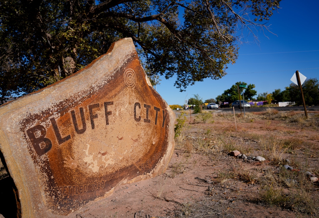 (Bethany Baker  |  The Salt Lake Tribune) A city sign is seen at the edge of town in Bluff on Thursday, Oct. 19, 2023.