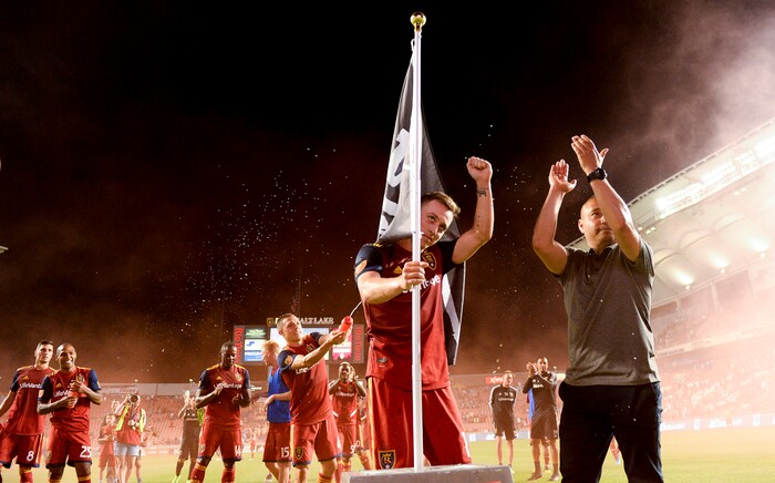 (Leah Hogsten  |  The Salt Lake Tribune) Real Salt Lake's Corey Baird (17), interim coach Freddy Juarez, right, and the team celebrate the win, Aug. 14, 2019, at Rio Tinto Stadium in Sandy. RSL defeated the Sounders 3-0.
