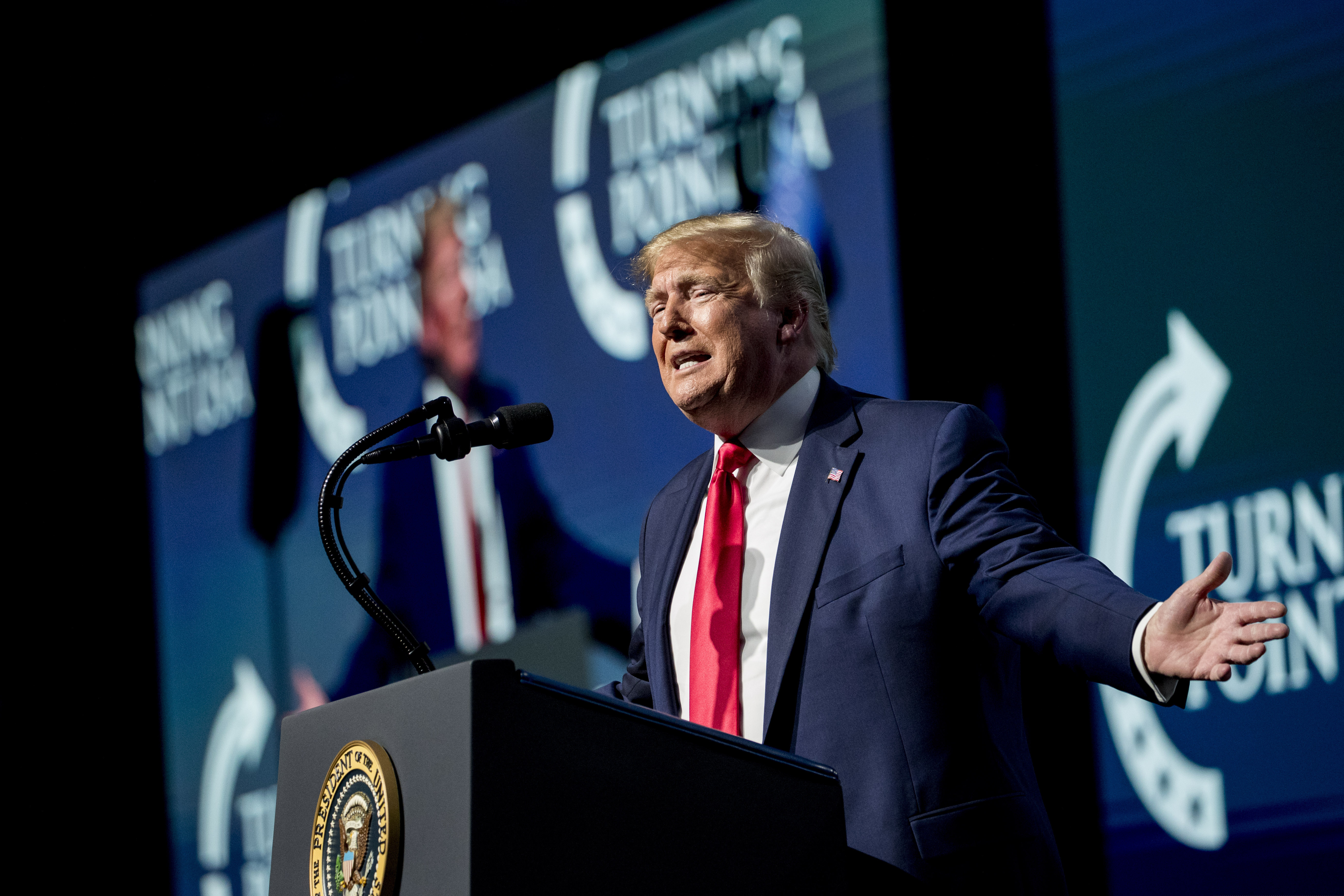 (AP Photo/Andrew Harnik) President Donald Trump speaks at the Turning Point USA Student Action Summit at the Palm Beach County Convention Center in West Palm Beach, Fla., Saturday, Dec. 21, 2019.