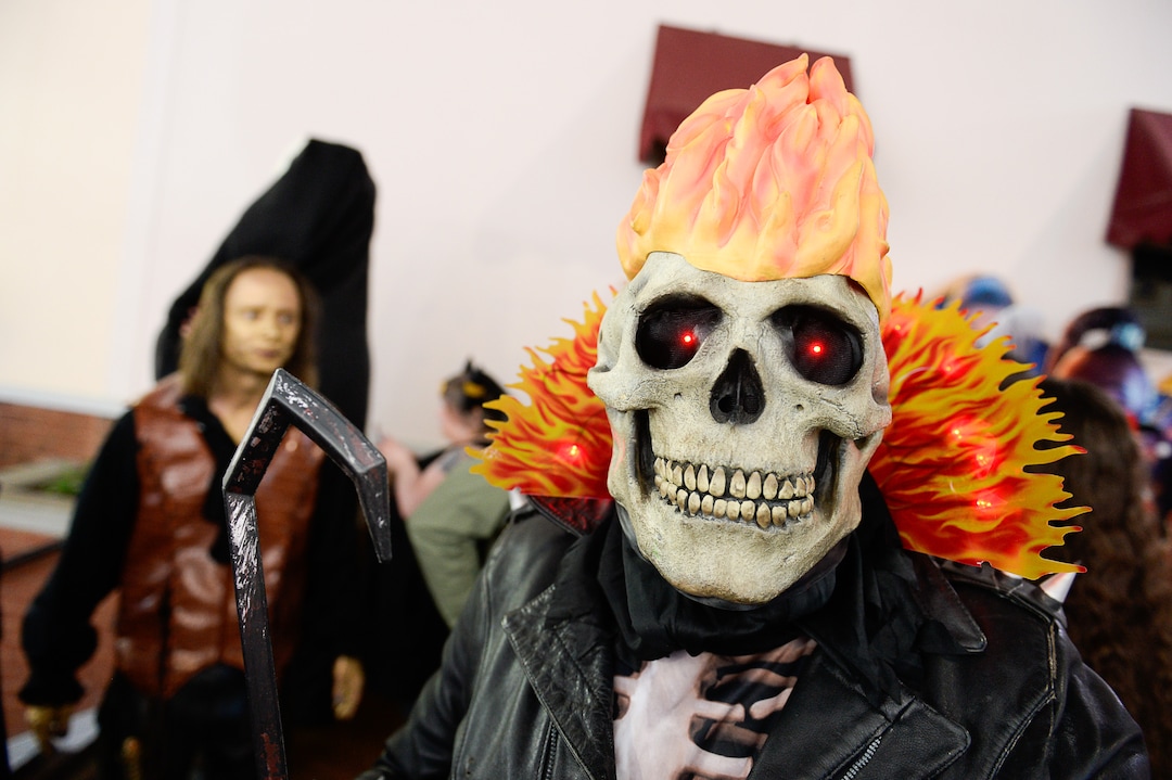 (Francisco Kjolseth  |  The Salt Lake Tribune)  Eric Allan as Ghostrider joins FanX's twice-annual "press conference," drawing cosplayers to Megaplex Jordan Commons in Sandy on Wed. June 12, 2019, for the announcement of the event's celebrity visitors.