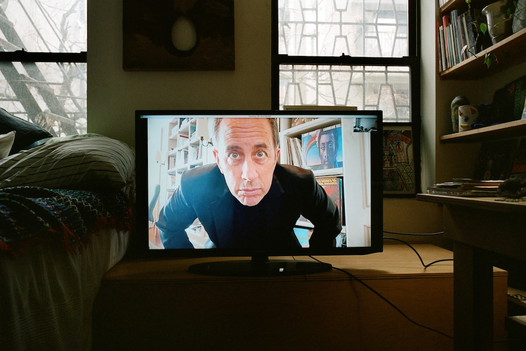 (Daniel Arnold/The New York Times) 

In an odd moment of pandemic precautions, comic legend Jerry Seinfeld is photographed over the phone, in advance of a new Netflix stand-up special.