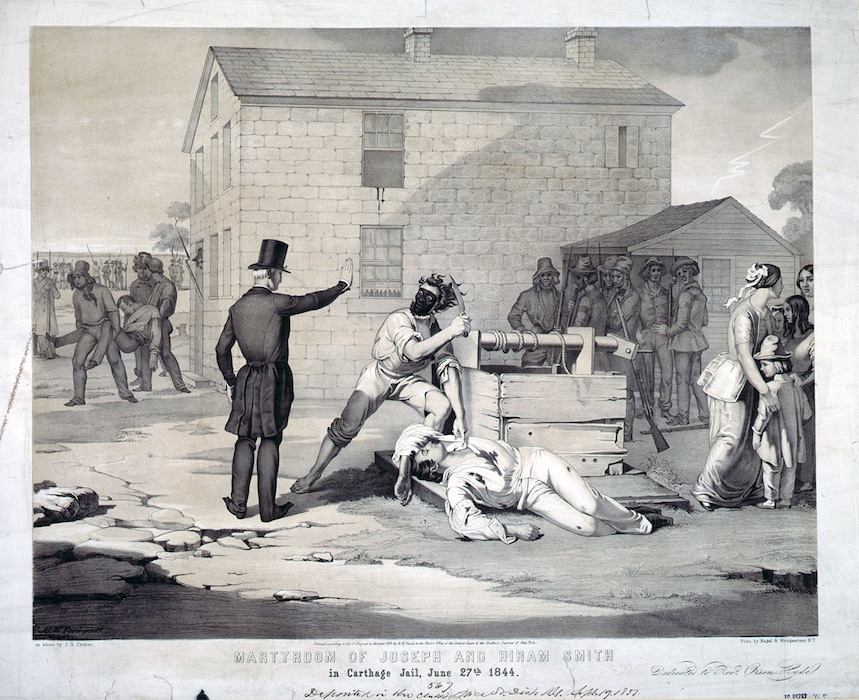(Library of Congress) The "Martyrdom of Joseph and Hiram Smith in Carthage Jail, June 27th, 1844" lithograph by artist C.G. Crehen. Hyrum Smith's name is misspelled in the title of the piece. Joseph was the first U.S. presidential candidate to be assassinated during a campaign.
