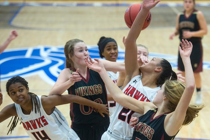 (Chris Detrick | The Salt Lake Tribune) Alta's Sydney Williams (14) Viewmont's Melissa Sorenson (0) Alta's Eden Broederlow (21) and Viewmont's Emma Carr (2) go for a rebound during the game at Pleasant Grove High School Thursday, November 30, 2017. Viewmont defeated Alta 65-44.