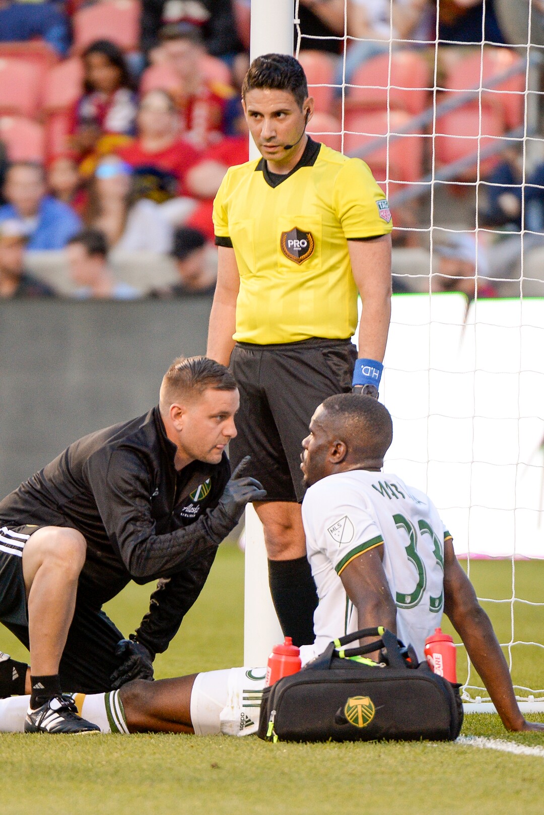 Leah Hogsten  |  The Salt Lake Tribune Portland Timbers defender Larrys Mabiala (33) is checked for a concussion in the first half.  Real Salt Lake hosts the Portland Timbers, Saturday, May 4, 2019 at Rio Tinto Stadium in Salt Lake City.
