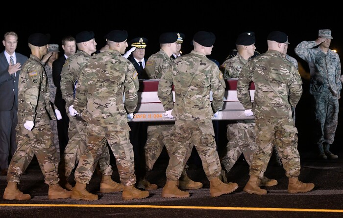 (Steve Ruark  |  AP Photo)  An Army carry team moves a transfer case containing the remains of Staff Sgt. Aaron R. Butler at Dover Air Force Base, Del., Friday, Aug. 18, 2017. According to the Department of Defense, Butler, of Monticello, Utah, died Aug. 16 in Nangarhar province, Afghanistan, of injuries sustained from an improvised explosive device while conducting combat operations.