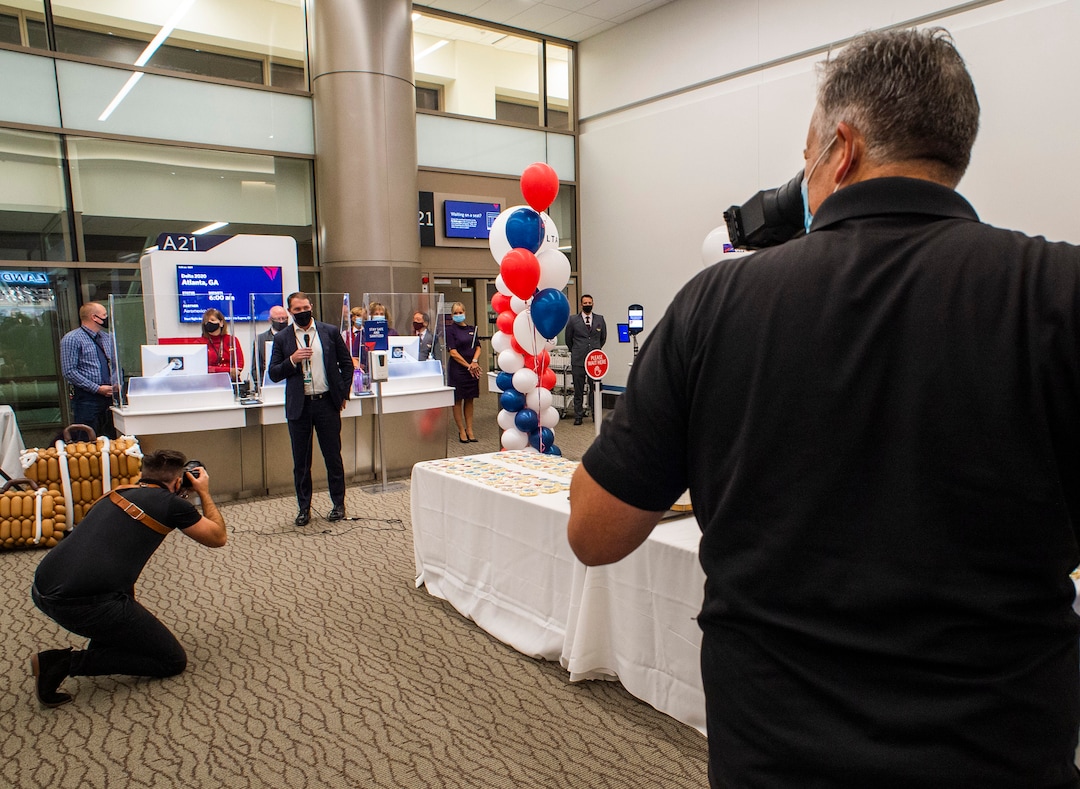 (Rick Egan  |  The Salt Lake Tribune)    Eric Phillips, Senior Vice President of Airport Customer Service and Cargo for Delta Air Lines, says a few words at the opening of at the new terminal at the Salt Lake City International Airport on Tuesday, Sept. 15, 2020.