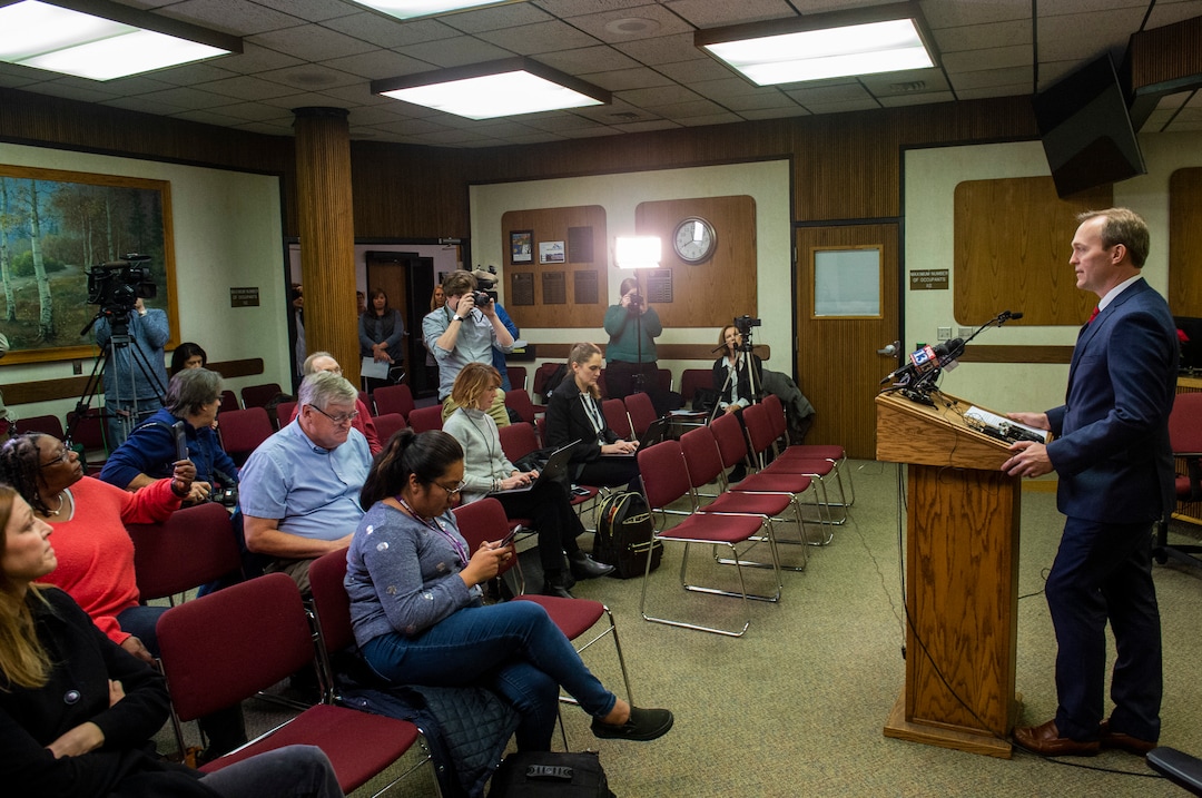 (Rick Egan  |  The Salt Lake Tribune)  Ben McAdams announces during news conference at Murray City Hall, Monday, Dec. 16, 2019, that he will vote yes on the House impeachment vote.