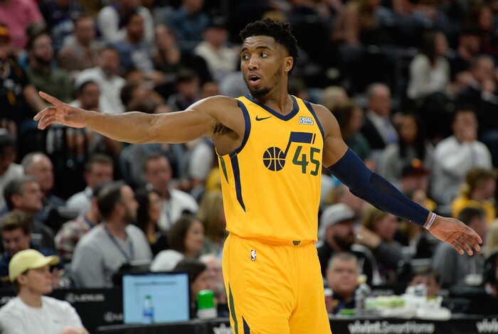 (Francisco Kjolseth  |  The Salt Lake Tribune)  Utah Jazz guard Donovan Mitchell (45) makes a plan with teammates as the Utah Jazz host the Philadelphia 76ers in their NBA basketball game at Vivint Smart Home Arena in Salt Lake City on Wednesday, Nov. 6, 2019.