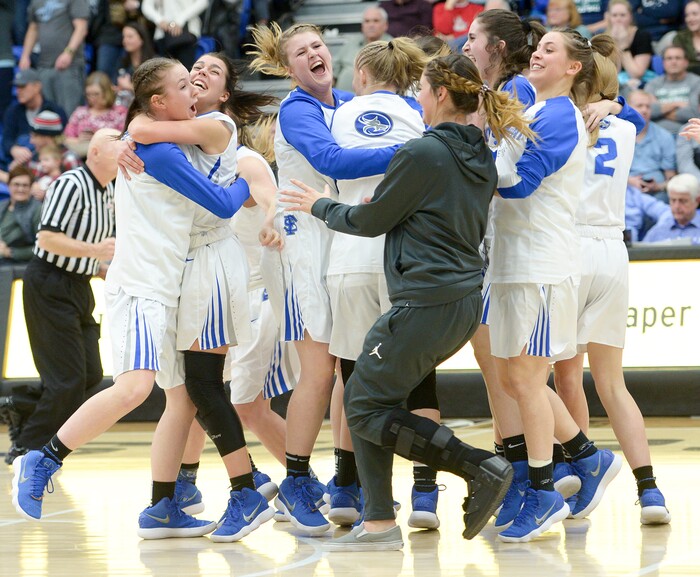 (Leah Hogsten  |  The Salt Lake Tribune) Fremont celebrates the overtime win.  Fremont defeated Westlake 54-50 in their semifinal game of the 6A High School Girls' Basketball Tournament at SLCC in Taylorsville, Friday, Feb. 23, 2018. 