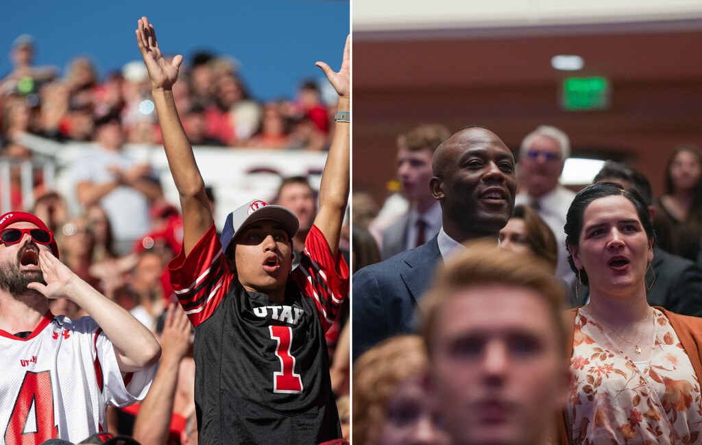 (The Salt Lake Tribune) Utah football fans cheer at left; Latter-day Saint faithful sing at right.