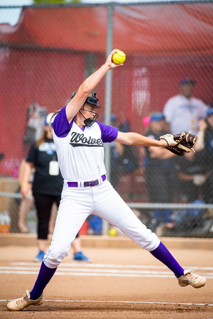 (Isaac Hale | Special to The Tribune) Riverton pitcher Kaysen Korth (18) winds up a pitch during the second game of a best-of-three series between the Bingham Miners and the Riverton Silverwolves as part of the 6A state softball championship held at the Spanish Fork Sports Park on Friday, May 28, 2021.