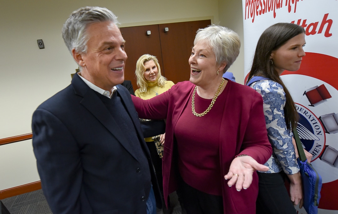 (Francisco Kjolseth  |  The Salt Lake Tribune) Former Gov. Jon Huntsman is greeted by politician Carlene Walker as gubernatorial candidates are invited to speak to the Republican Women of Utah during their membership luncheon at the Capitol in Salt Lake City on Thursday, Jan. 23, 2020.