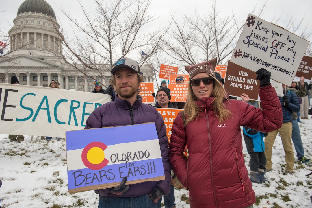 (Rachel Molenda  |  The Salt Lake Tribune)  Sam Feuerborn, left, and Lindsay Gurley, of Carbondale, Colorado, protest President Donald Trump's plan to shrink Bears Ears and Grand Staircase-Escalante national monuments in southern Utah. Monday, December 4, 2017.