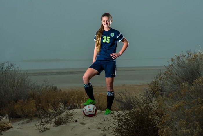 (Chris Detrick | The Salt Lake Tribune) Syracuse's Caroline Stringfellow poses for a portrait near Bridger Bay on Antelope Island State Park Tuesday, December 12, 2017.