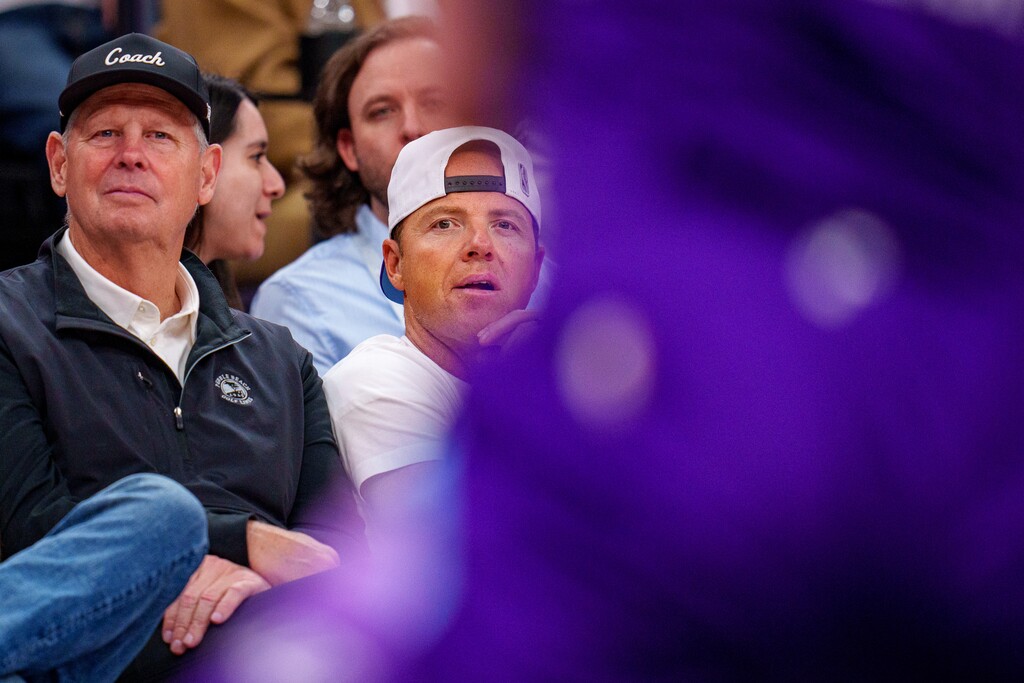 (Trent Nelson  |  The Salt Lake Tribune) Danny Ainge and Ryan Smith as the Utah Jazz host the Oklahoma City Thunder, NBA basketball in Salt Lake City on Friday, April 11, 2025.