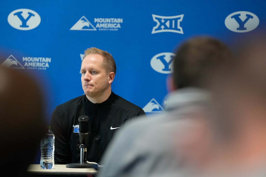 (Francisco Kjolseth | The Salt Lake Tribune) BYU basketball coach Kevin Young talks about player Egor Demin’s announcement to enter the NBA Draft, where he would likely be a first-round pick in June, during a news event in Provo on Tuesday, April 8, 2025.