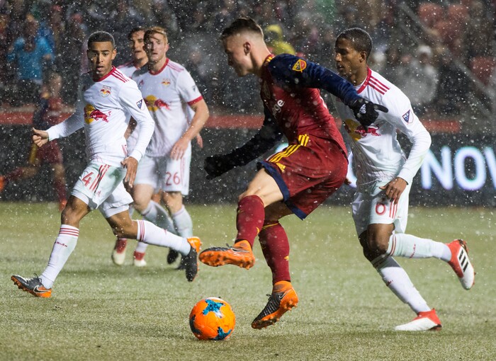 (Rick Egan  |  The Salt Lake Tribune)     Real Salt Lake forward Alfredo Ortuno (16) take the ball down field, in MLS action between Real Salt Lake and New York Red Bulls at Rio Tinto Stadium, Saturday, March 17, 2018.


