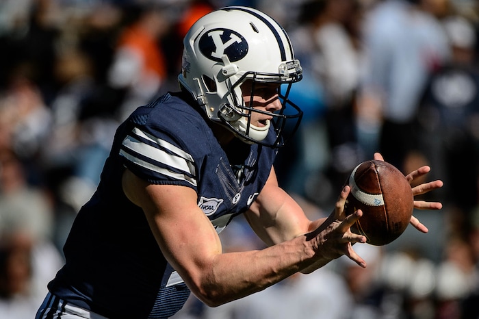 Trent Nelson  |  The Salt Lake TribuneBrigham Young Cougars quarterback Beau Hoge (7) takes a snap as BYU hosts Wagner, NCAA football at LaVell Edwards Stadium in Provo, Saturday October 24, 2015.